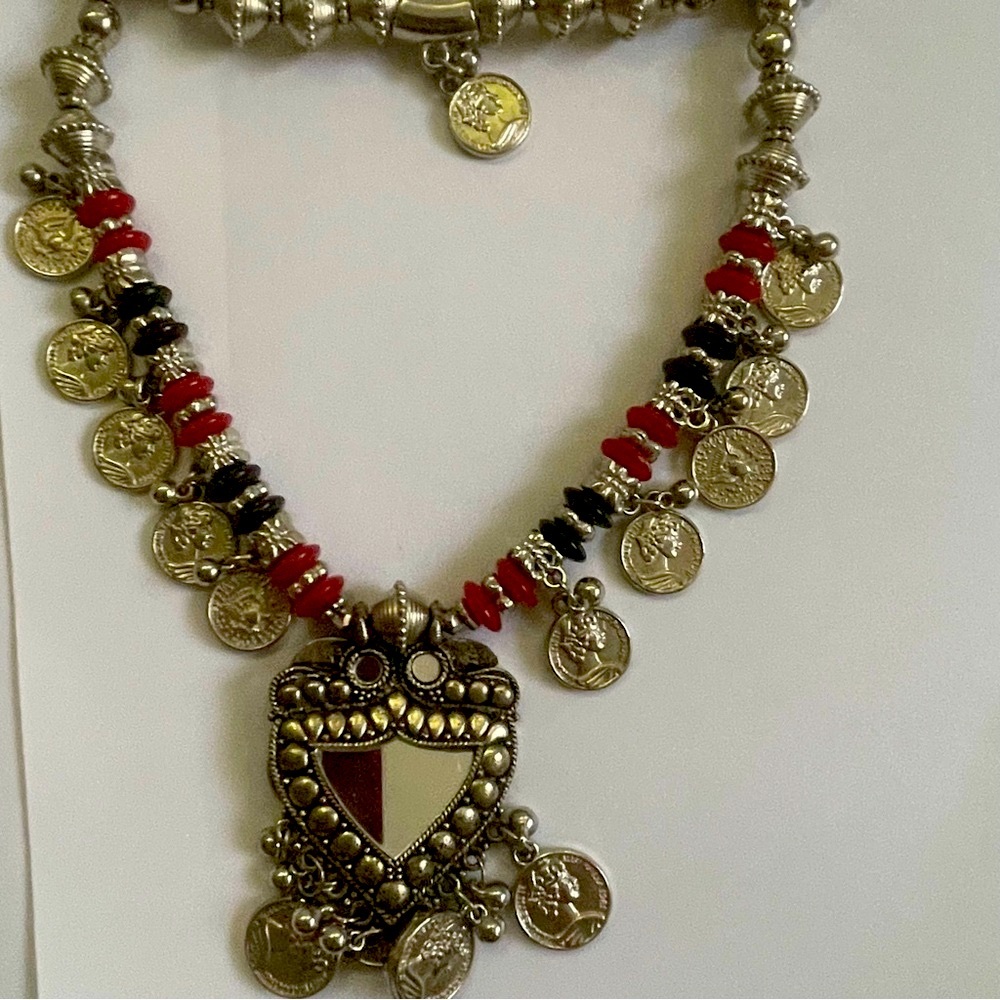Silver and Red Coin Necklace from India - costume jewelry